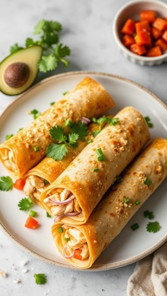 A plate of chicken taquitos garnished with cilantro and served with diced vegetables.