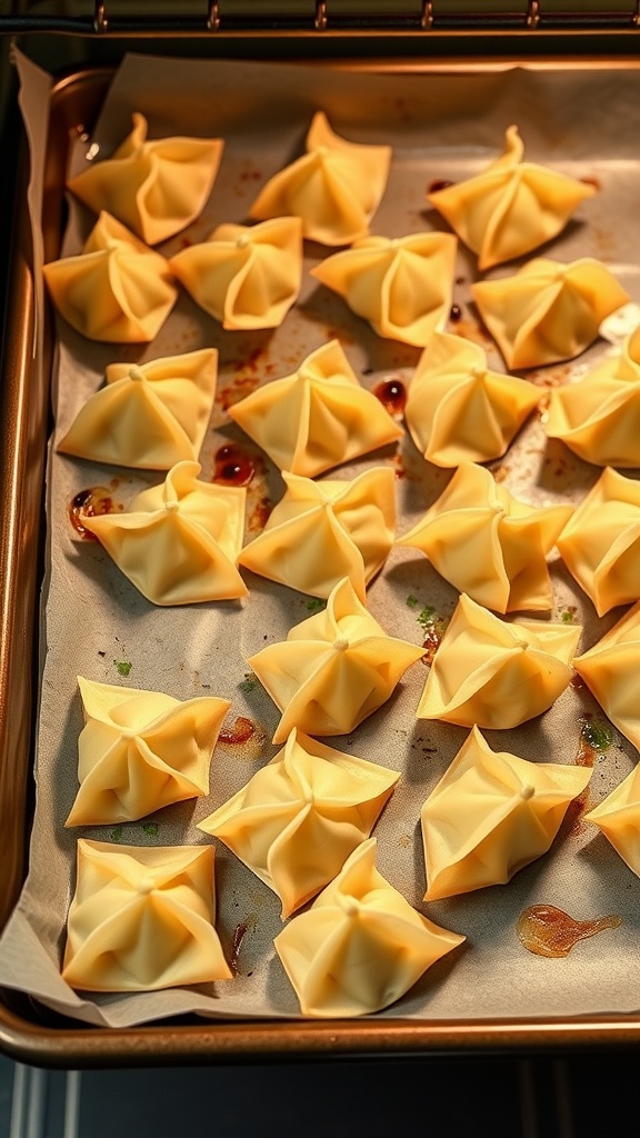Baked crab rangoon on a baking sheet, ready to be served.
