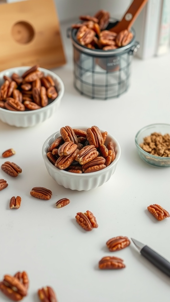 Bowls of candied pecans on a table with some scattered pecans and a small dish of brown sugar.