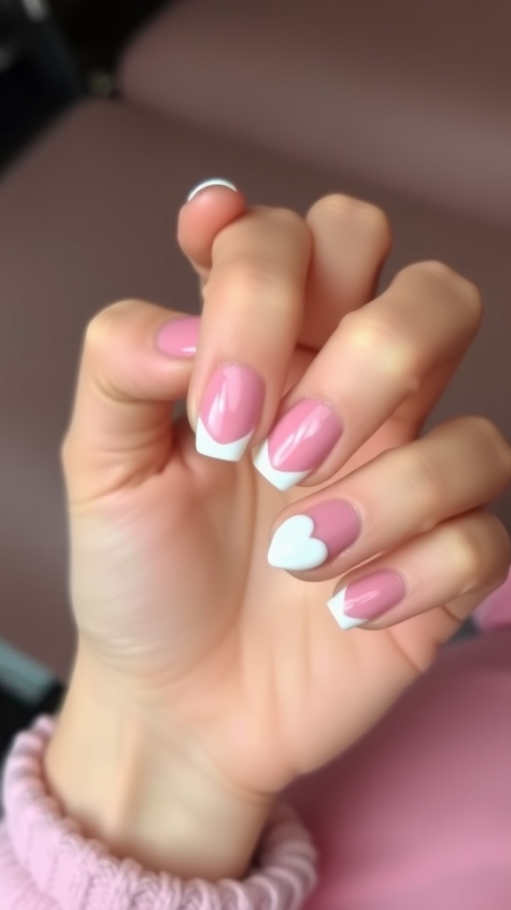 Nail design featuring pink base with white heart tips