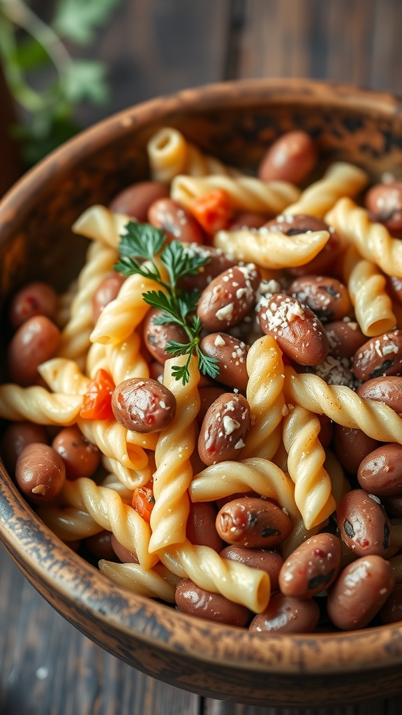 A bowl of pasta fagioli with beans and vegetables