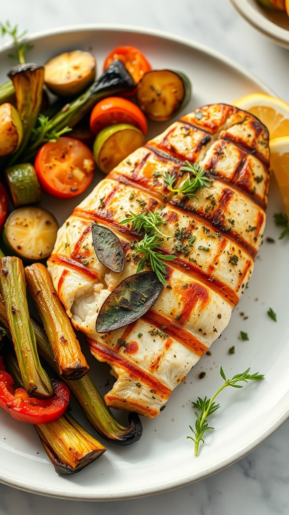 Grilled fish served with roasted vegetables and lemon slices on a plate