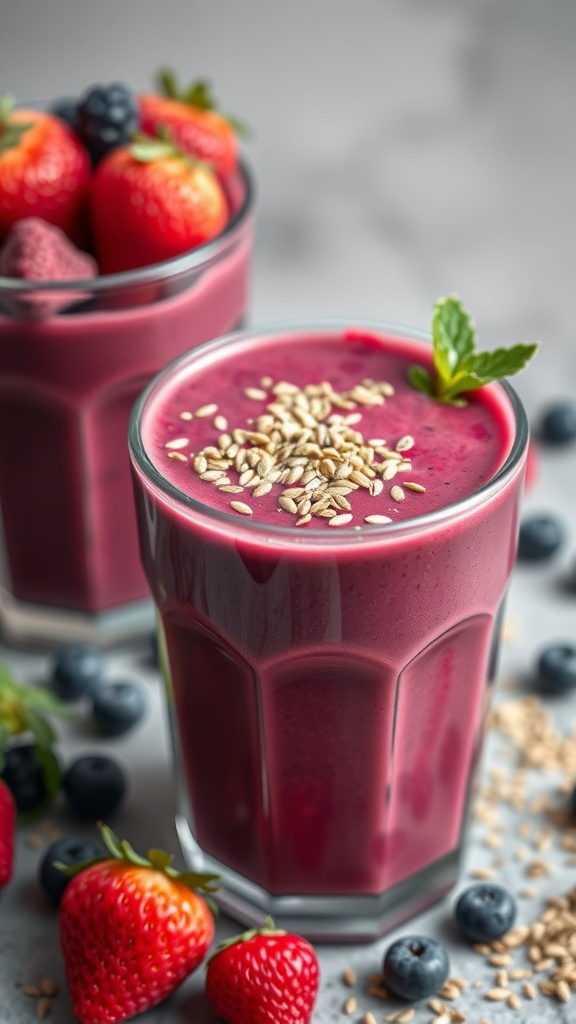 A vibrant glowing skin smoothie topped with hemp seeds and surrounded by fresh berries.