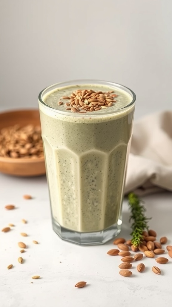 A green hemp seed smoothie topped with seeds in a glass.