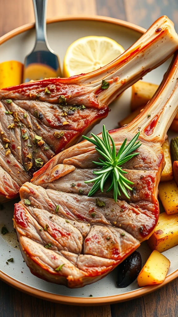 Delicious herb-crusted lamb chops served with lemon slices.