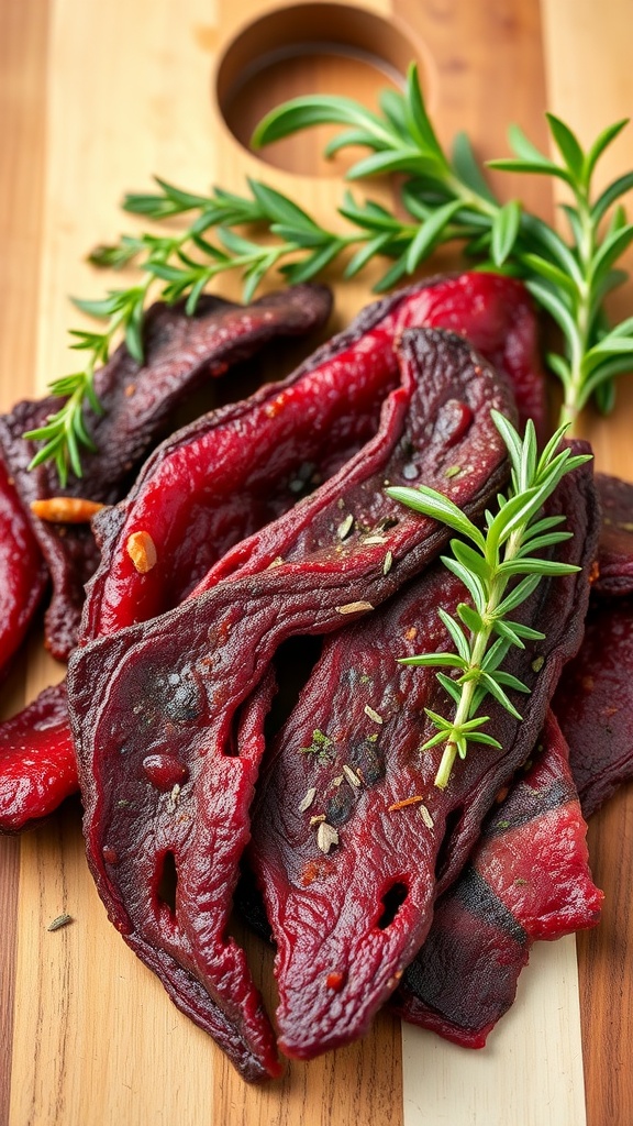 Delicious slices of herb-infused beef jerky with fresh herbs