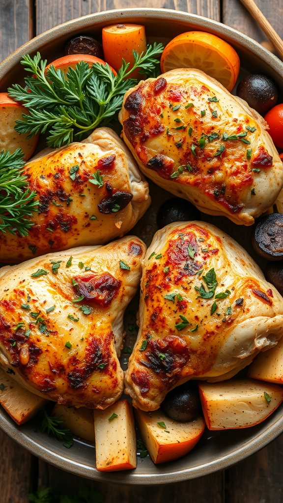Delicious herb-roasted chicken thighs with vegetables