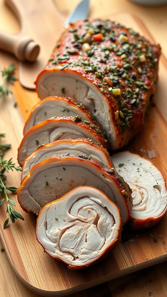 Sliced herb-roasted pork tenderloin on a wooden cutting board