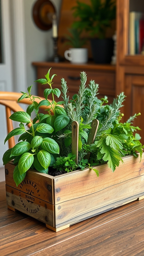 A wooden planter box filled with various green herbs placed on a dining table.