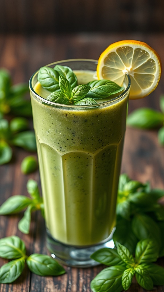 A refreshing green smoothie with basil and lemon garnish in a glass