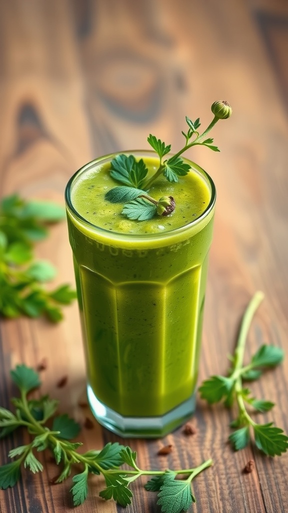 A refreshing herbal green smoothie in a glass garnished with fresh herbs.
