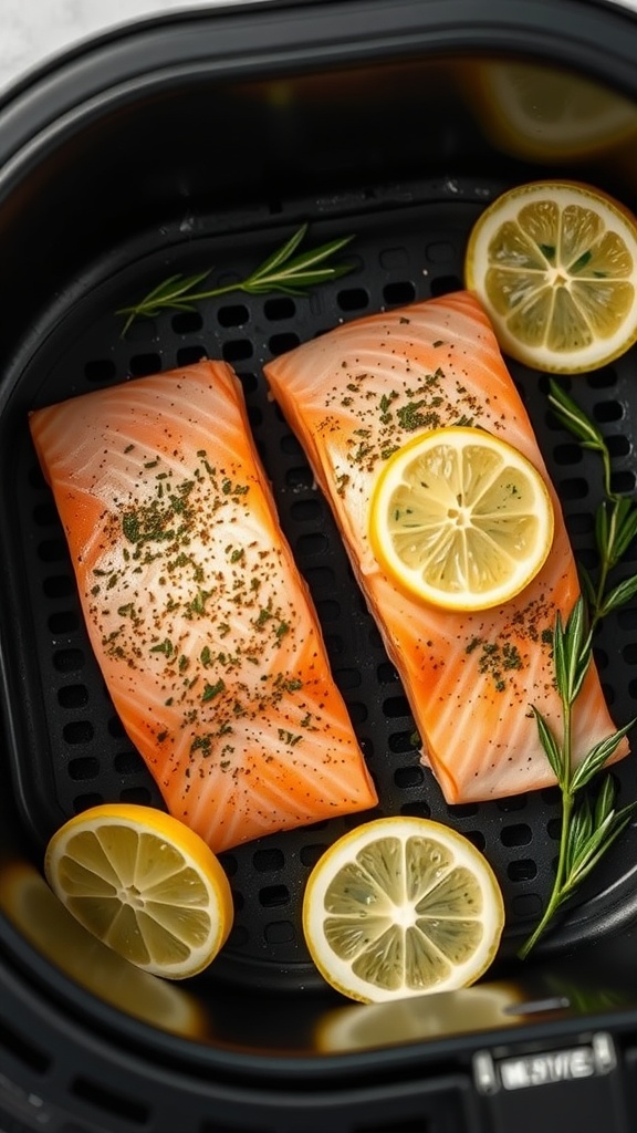 Two salmon fillets seasoned with herbs and lemon slices, ready for air frying.