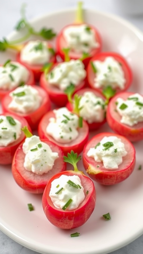 A plate of herbed cream cheese-stuffed radishes garnished with fresh herbs