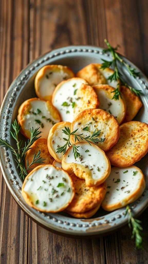 A plate of herbed goat cheese crisps garnished with fresh herbs