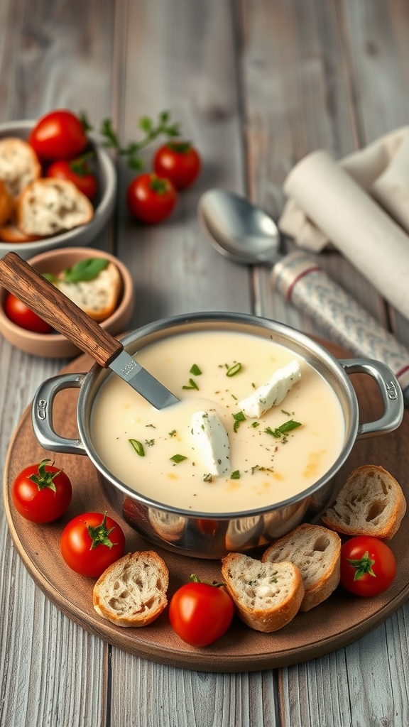 A pot of herbed goat cheese fondue with fresh herbs, surrounded by cherry tomatoes and slices of bread.