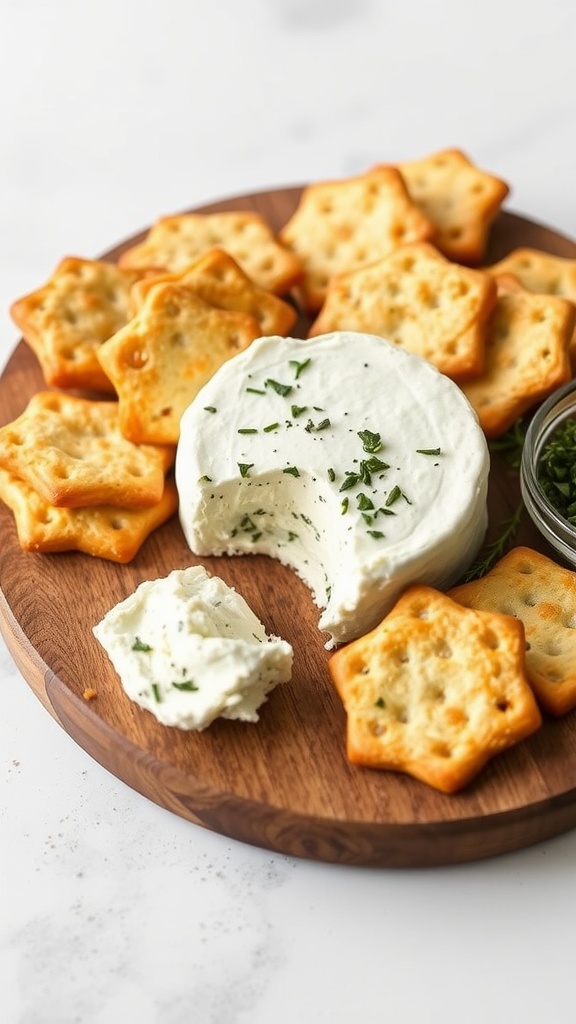 Herbed goat cheese served with crunchy crackers on a wooden platter.