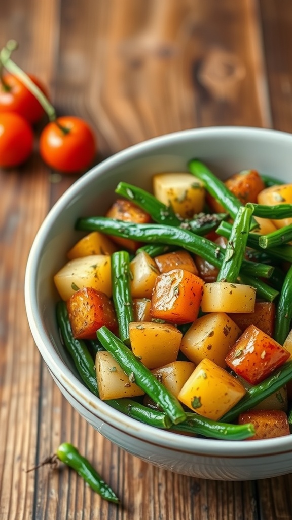 A bowl of herbed mini potato and green bean medley
