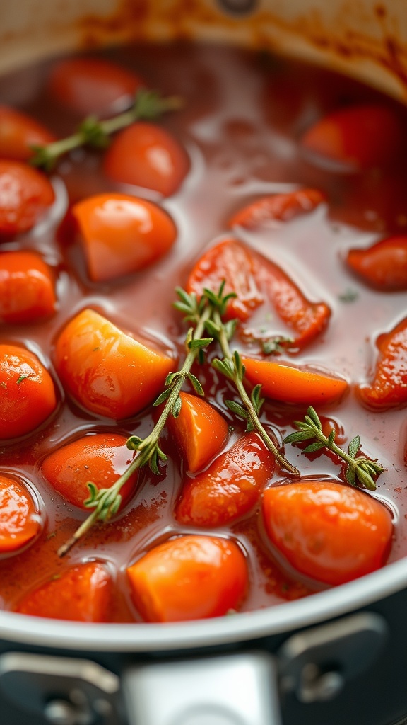 A pot of stewed tomatoes with fresh thyme, showcasing vibrant red tomatoes in a savory sauce.