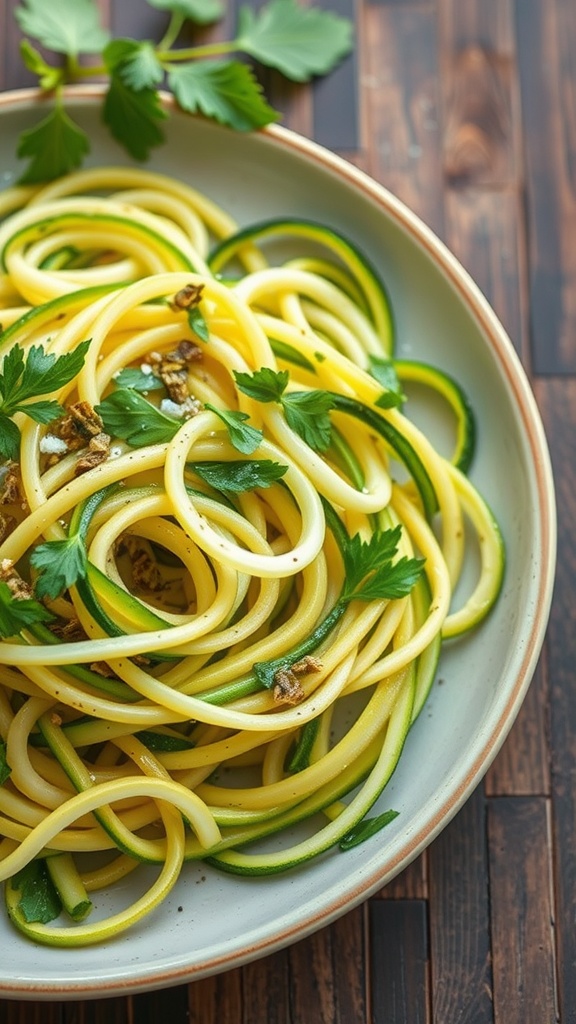 Plate of herbed zucchini noodles with garlic and herbs