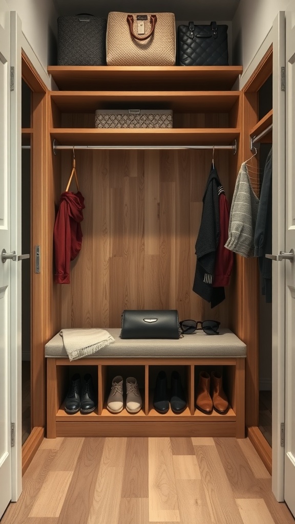 A small closet featuring a bench with storage cubbies for shoes and bags, along with hanging space for clothes.