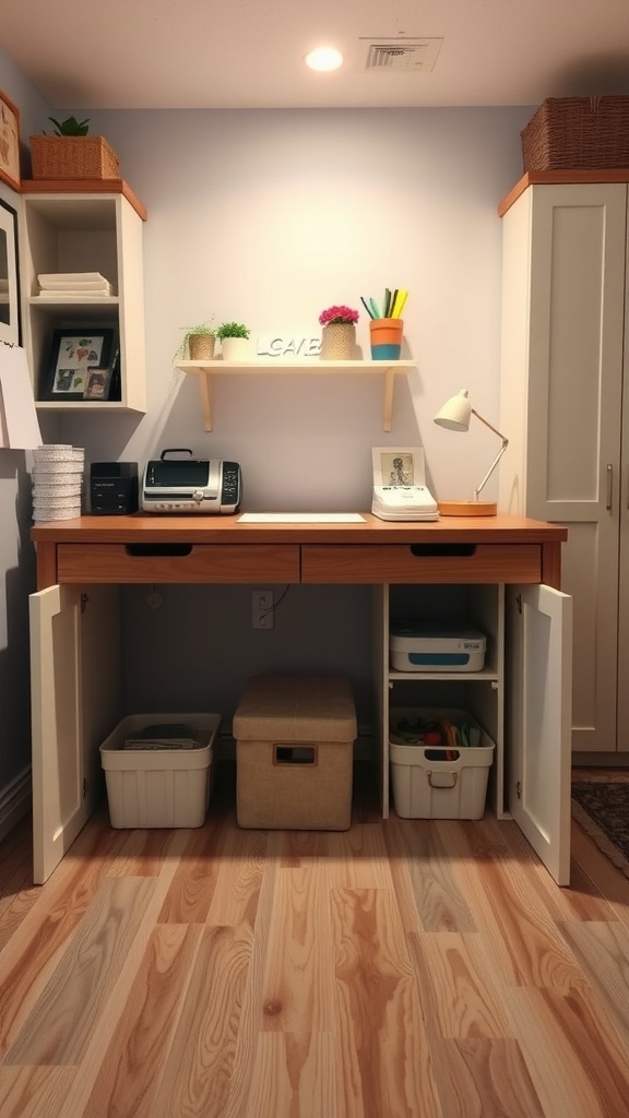 A craft room featuring a desk with hidden storage options beneath, including baskets and containers.