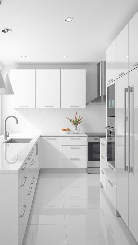 A modern white kitchen with high gloss finishes and sleek design.