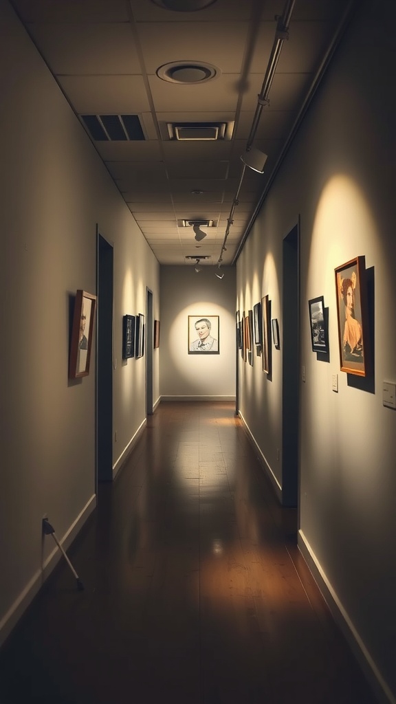 A well-lit hallway showcasing artwork on the walls with spotlighting.