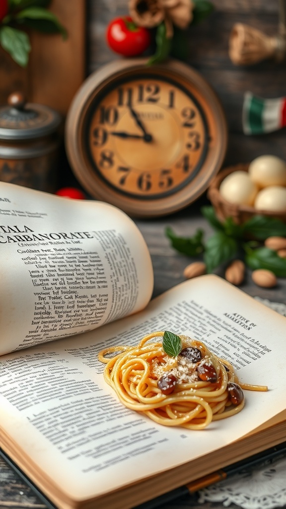 A bowl of pasta carbonara with ingredients and a cookbook in the background
