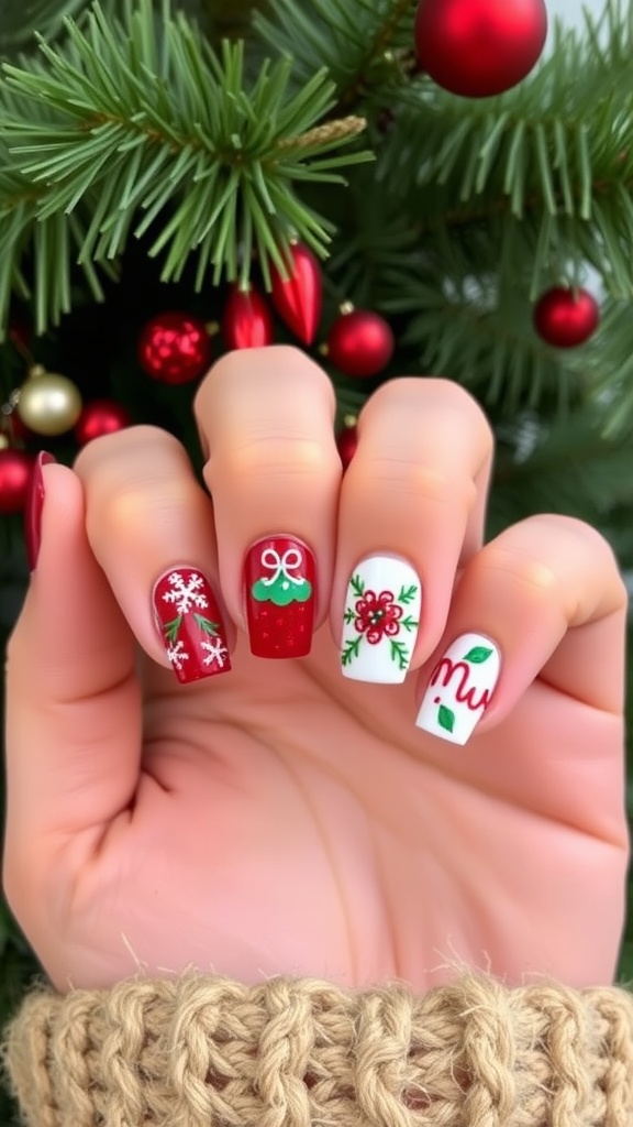 Colorful holiday-themed square nails with festive designs.
