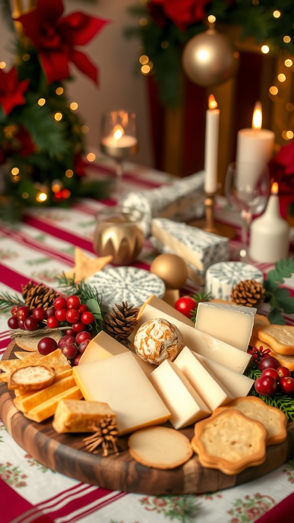 A beautifully arranged festive cheese board with various cheeses, nuts, and seasonal decorations.
