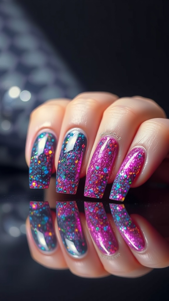Close-up of holographic glitter fade nails with a mix of purple and pink glitter on a glossy finish.