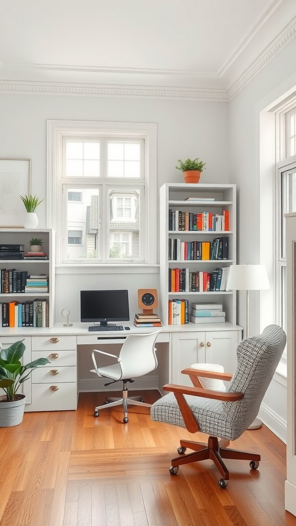 A modern home office space featuring a desk, a comfortable chair, and bookshelves filled with books.