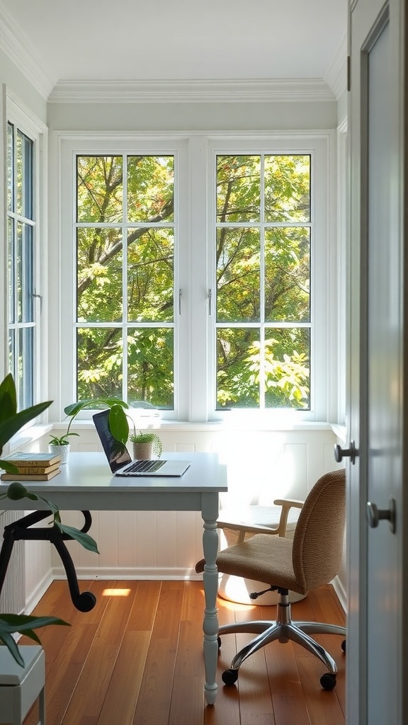 A bright and cozy home office in a sunroom with large windows and a desk