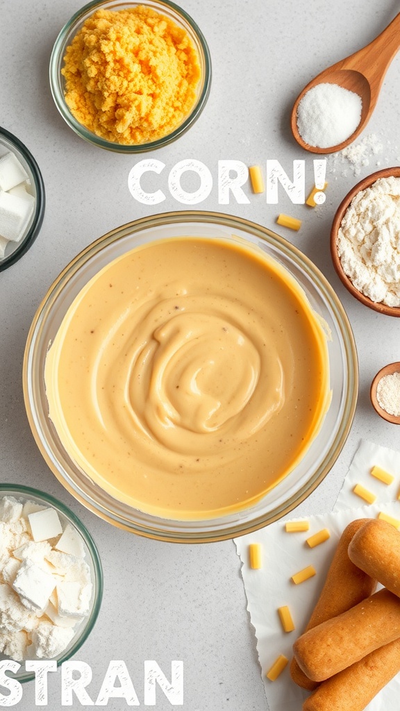 Bowl of corn dog batter surrounded by ingredients like cornmeal, flour, and hot dogs.