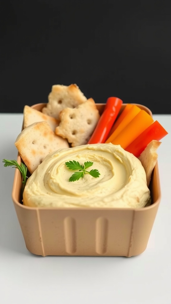 A bento box with creamy hummus, pita chips, and colorful carrot sticks.