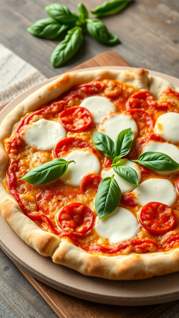A freshly baked Margherita pizza topped with mozzarella cheese and basil leaves.