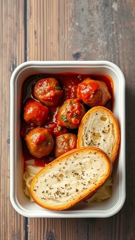 A bento box with homemade meatballs in marinara sauce, served with bread.
