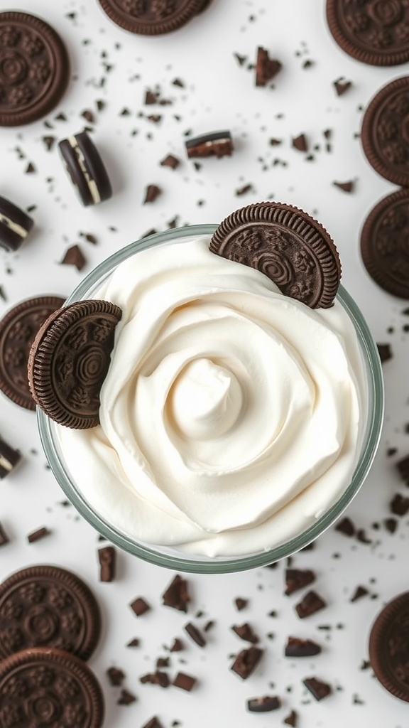 A creamy frosting with crushed Oreo cookies on top.