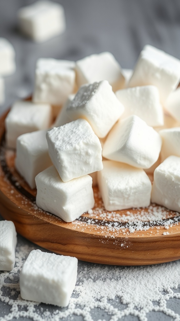 Fluffy homemade sugar-free marshmallows on a wooden plate