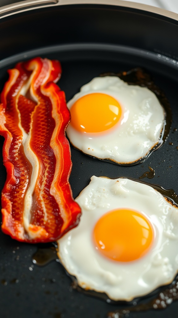 A plate with crispy bacon and two sunny-side up eggs, showcasing a homestyle breakfast.