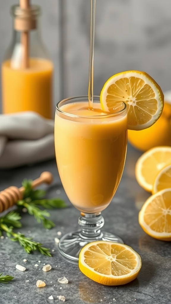 A refreshing honey and lemon smoothie in a glass, garnished with a slice of lemon.