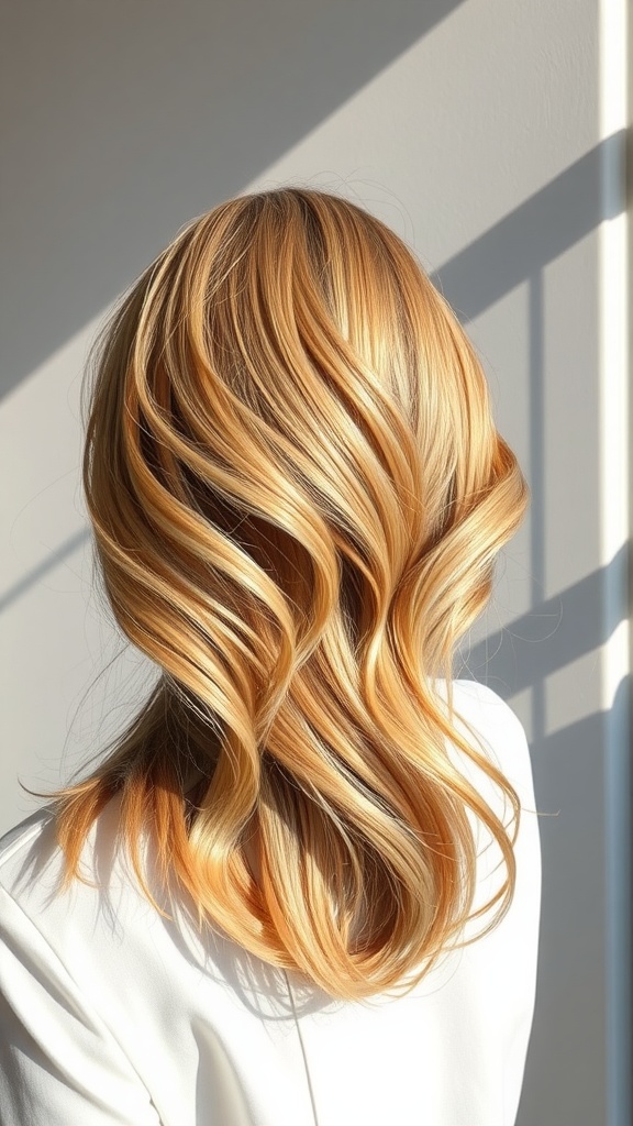 A view of honey blonde layered hair styled with soft waves, showcasing a warm and vibrant color.