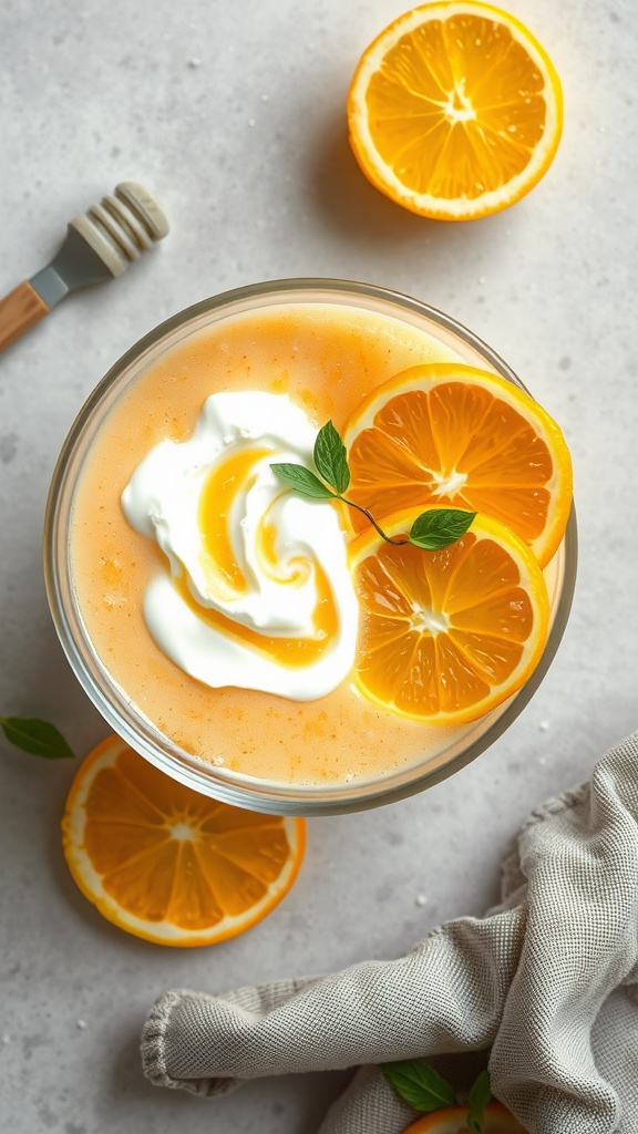 A refreshing honey citrus smoothie with Greek yogurt, garnished with orange slices.