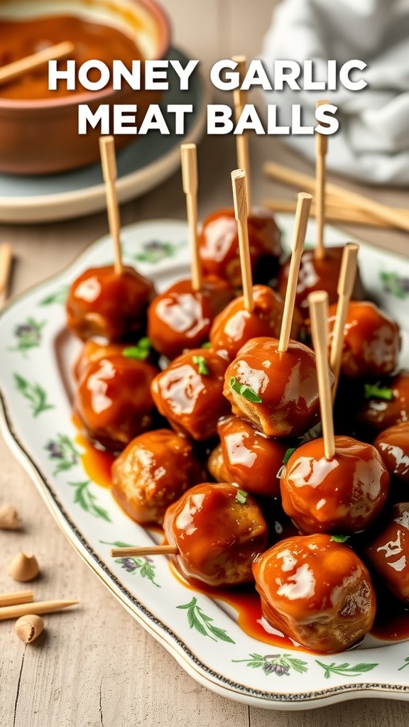 Honey garlic glazed meatballs on a platter, garnished with green onions.