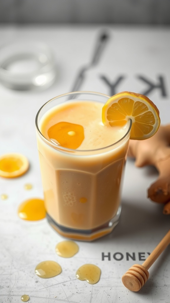 Honey Ginger Protein Smoothie in a glass with honey and ginger slices