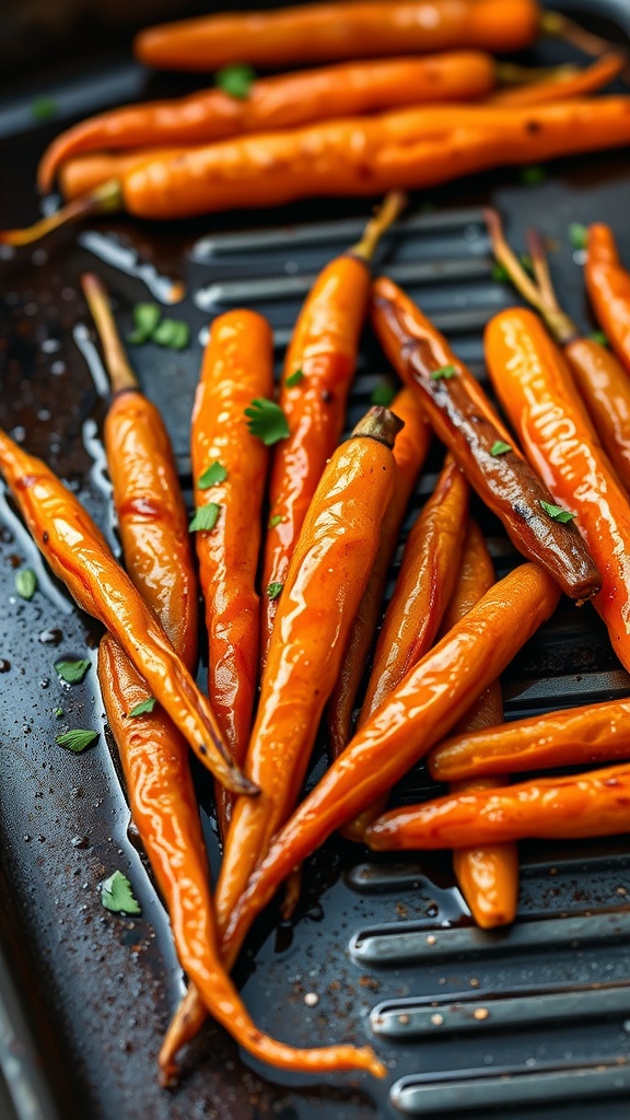 Honey mustard glazed carrots on a griddle, showing vibrant color and glaze.