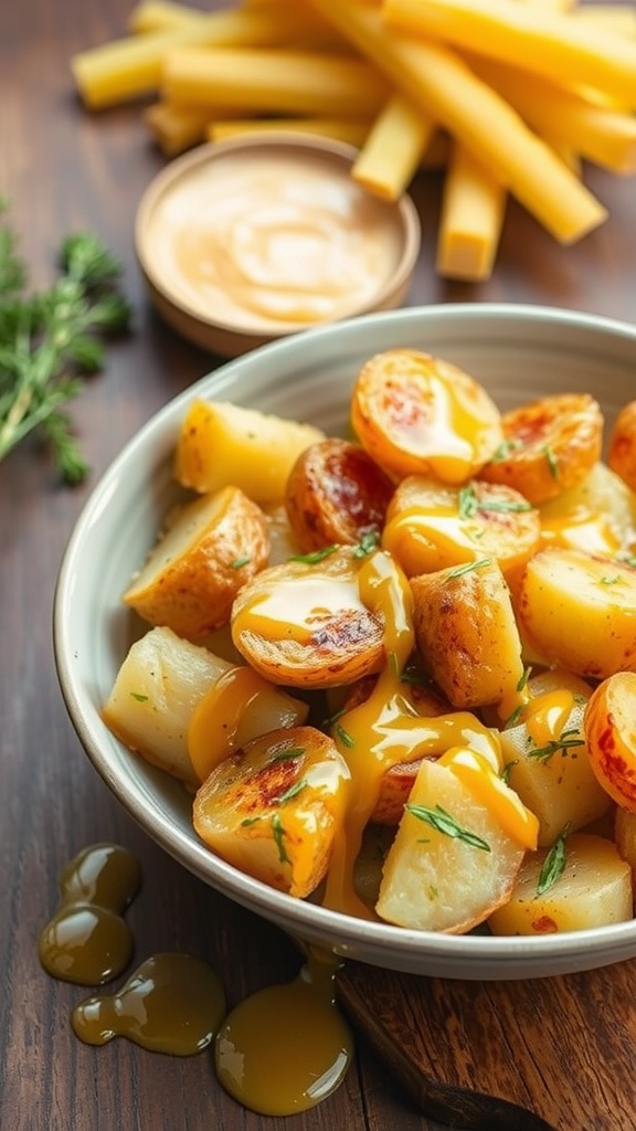 A bowl of honey mustard scalloped potatoes garnished with herbs.