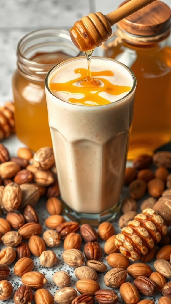 A refreshing honey nut smoothie in a glass, surrounded by nuts and jars of honey.