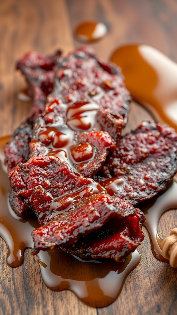 A close-up of delicious beef jerky glazed with honey teriyaki sauce.