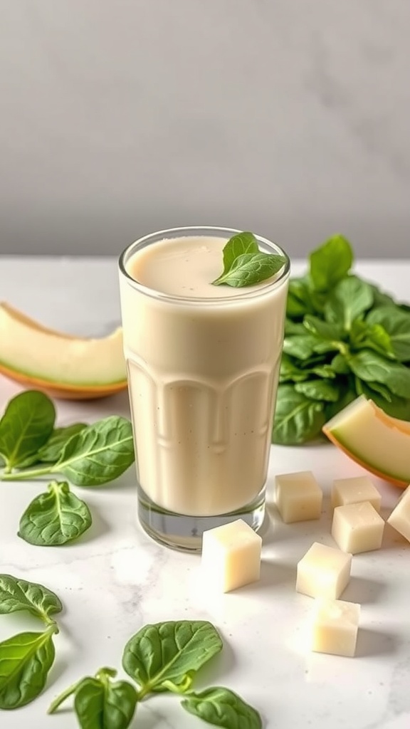 Honeydew and Spinach Vitality Drink in a glass with fresh spinach and honeydew pieces around